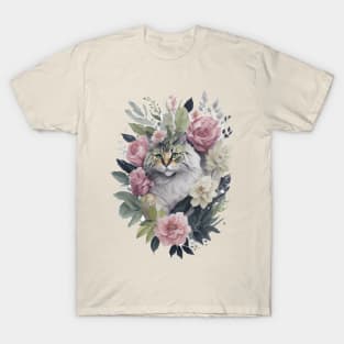 Fluffy Cat around Flowers: Scattered Watercolor in Pastel Colors T-Shirt